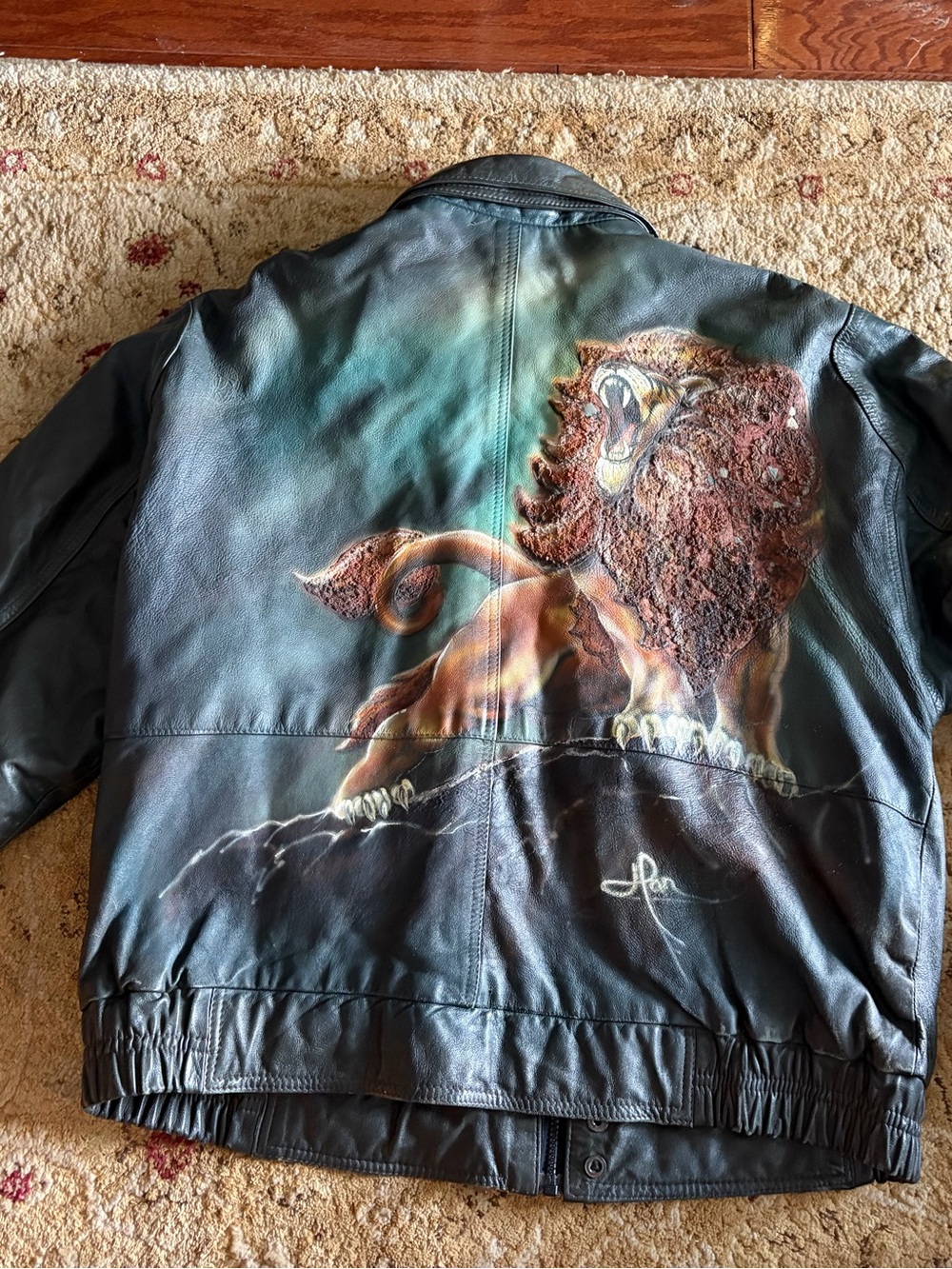 Vintage hand-painted leather jacket lion textured unique one of a kind wearart